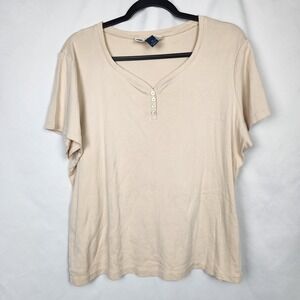 Karen Scott Woman Short Sleeve Basic‎ V Neck Button Accent Top Size 1X Ivory